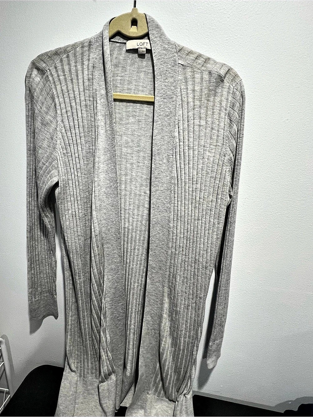 LOFT Ribbed Open Front Cardigan Striped Gray Size Medium